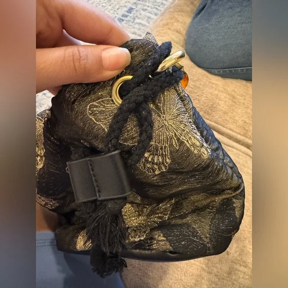 Black and Gold Butterfly Embroidered Bag With Beaded Handle - Picture 2 of 5